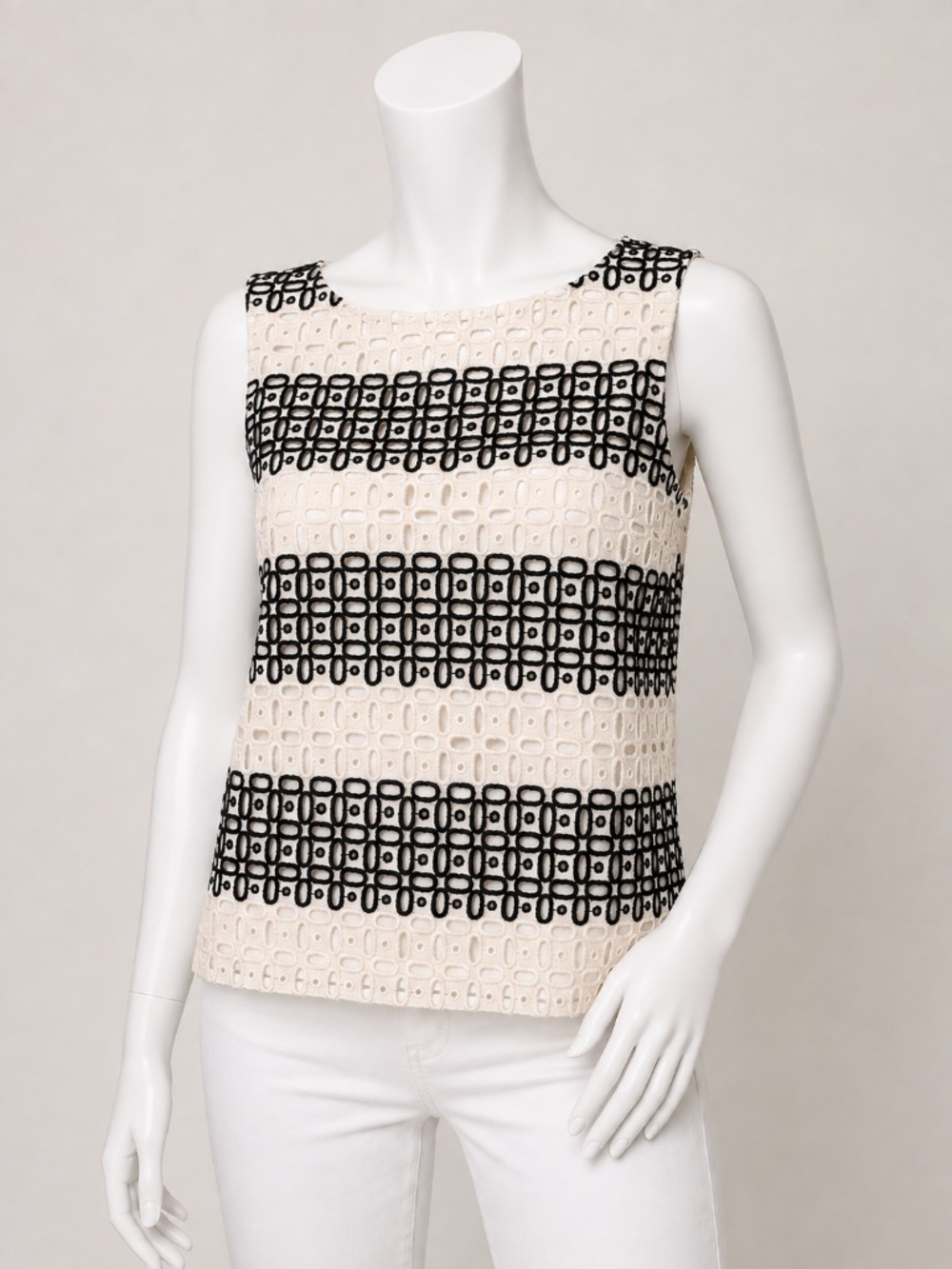Vince Cream/White & Black Sleeveless Striped Eyelet Tank Top Size XXS NWT $225